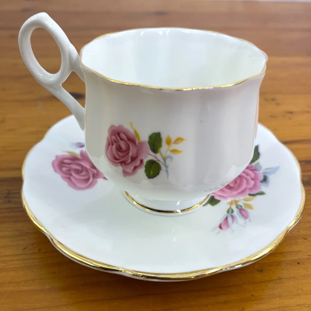 Royal Dover Bone China Cup & Saucer Pink Roses England Made Marked‎ JUNE